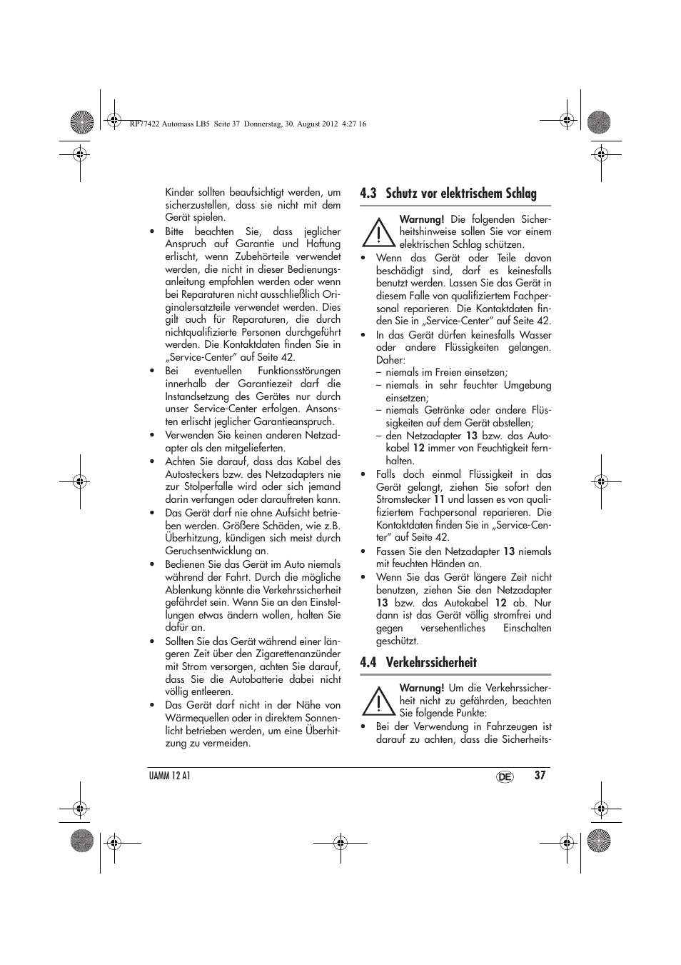 3 schutz vor elektrischem schlag, 4 verkehrssicherheit | Ultimate Speed UAMM 12 A1 User Manual | Page 39 / 46
