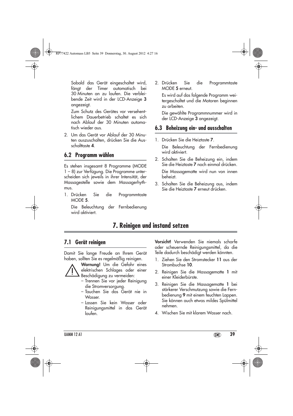 Reinigen und instand setzen, 2 programm wählen, 3 beheizung ein- und ausschalten | 1 gerät reinigen | Ultimate Speed UAMM 12 A1 User Manual | Page 41 / 46
