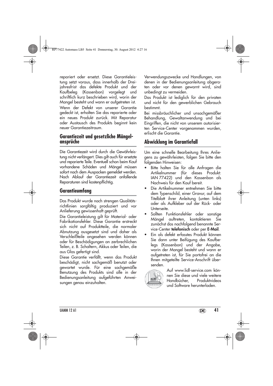 Garantiezeit und gesetzliche mängel- ansprüche, Garantieumfang, Abwicklung im garantiefall | Ultimate Speed UAMM 12 A1 User Manual | Page 43 / 46
