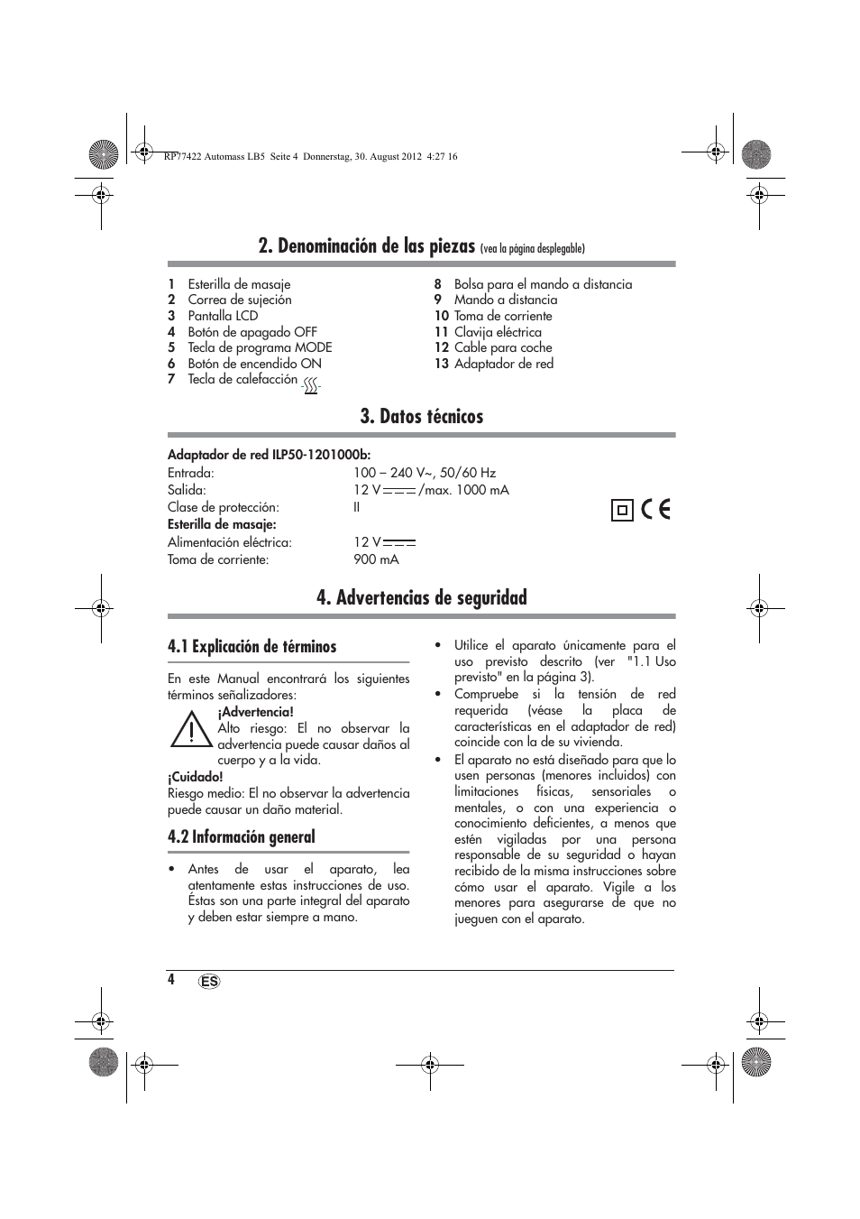 Denominación de las piezas, Datos técnicos, Advertencias de seguridad | 1 explicación de términos, 2 información general | Ultimate Speed UAMM 12 A1 User Manual | Page 6 / 46
