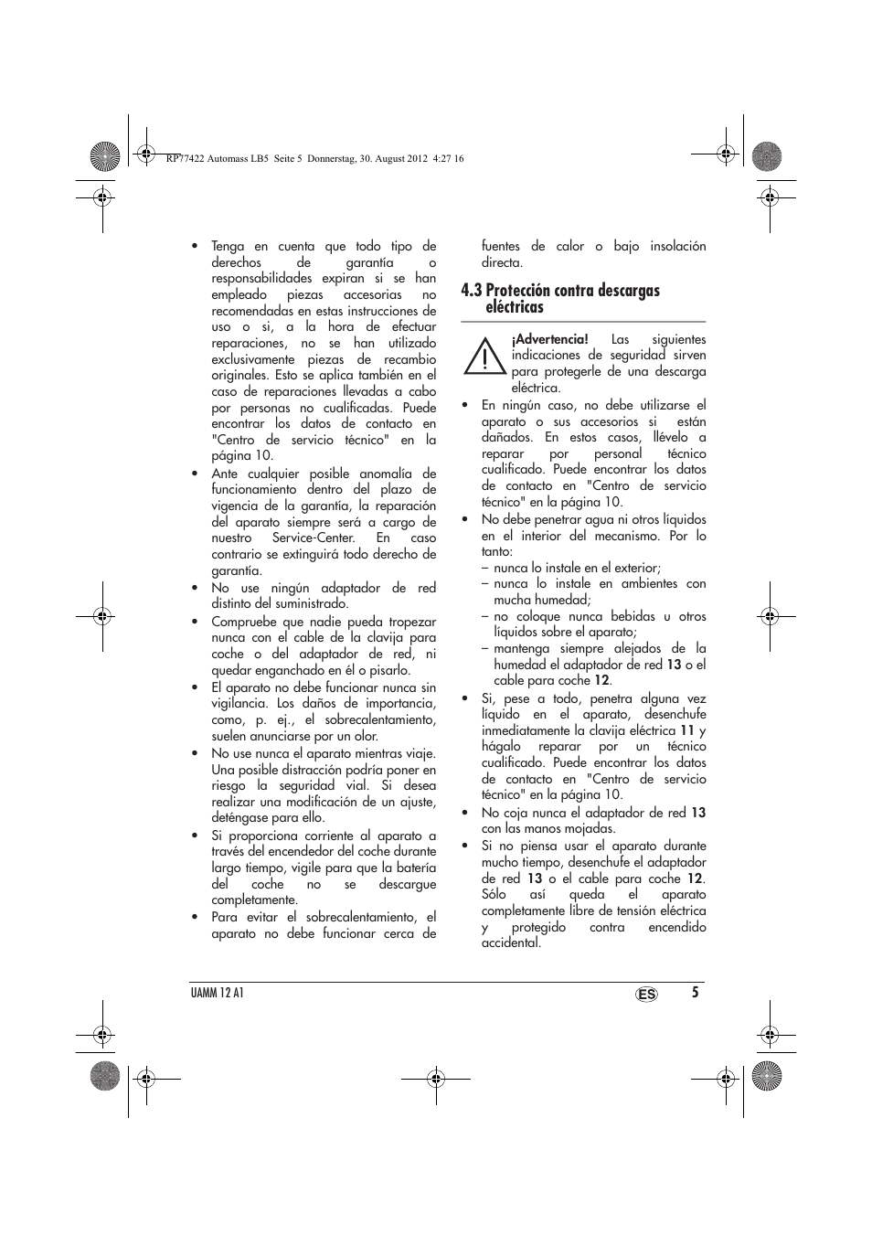 3 protección contra descargas eléctricas | Ultimate Speed UAMM 12 A1 User Manual | Page 7 / 46