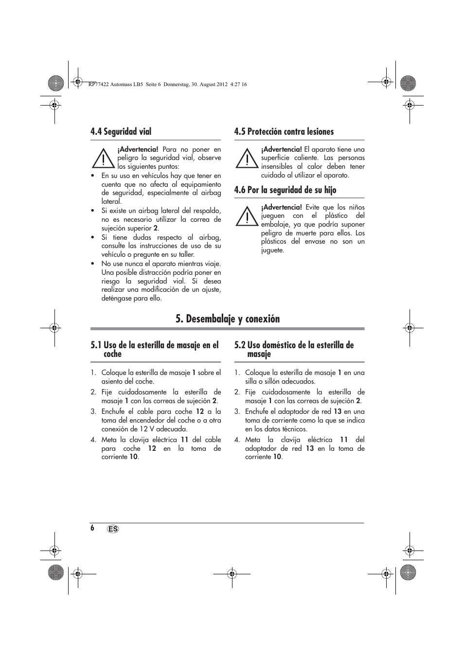 Desembalaje y conexión, 4 seguridad vial, 5 protección contra lesiones | 6 por la seguridad de su hijo, 1 uso de la esterilla de masaje en el coche, 2 uso doméstico de la esterilla de masaje | Ultimate Speed UAMM 12 A1 User Manual | Page 8 / 46
