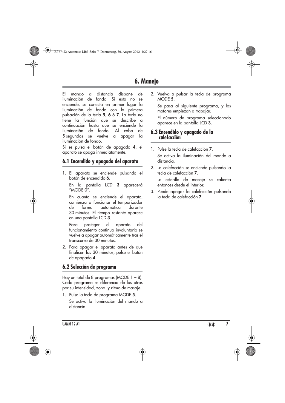 Manejo, 1 encendido y apagado del aparato, 2 selección de programa | 3 encendido y apagado de la calefacción | Ultimate Speed UAMM 12 A1 User Manual | Page 9 / 46