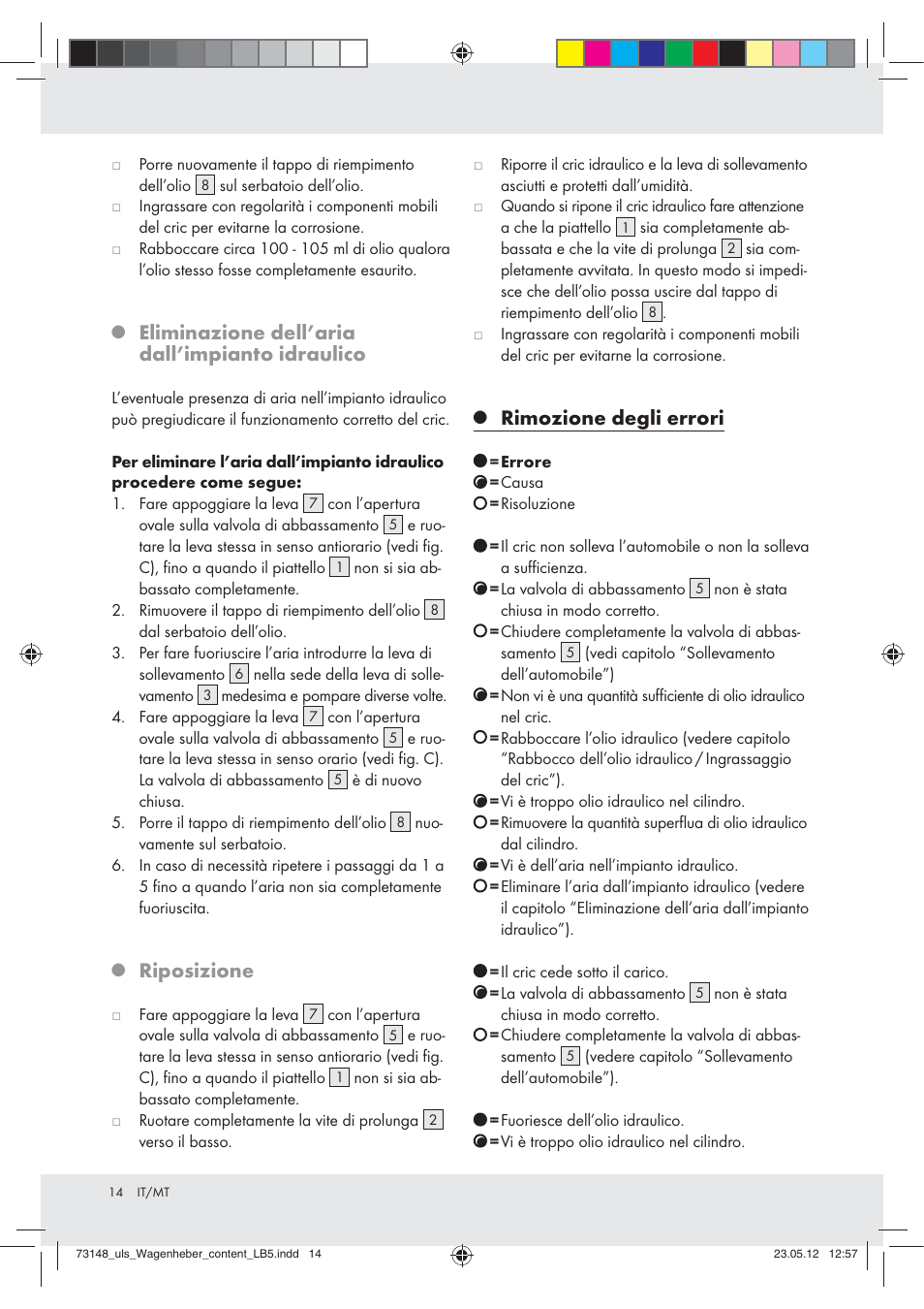 Eliminazione dell’aria dall’impianto idraulico, Riposizione, Rimozione degli errori | Ultimate Speed Z31224 User Manual | Page 14 / 34