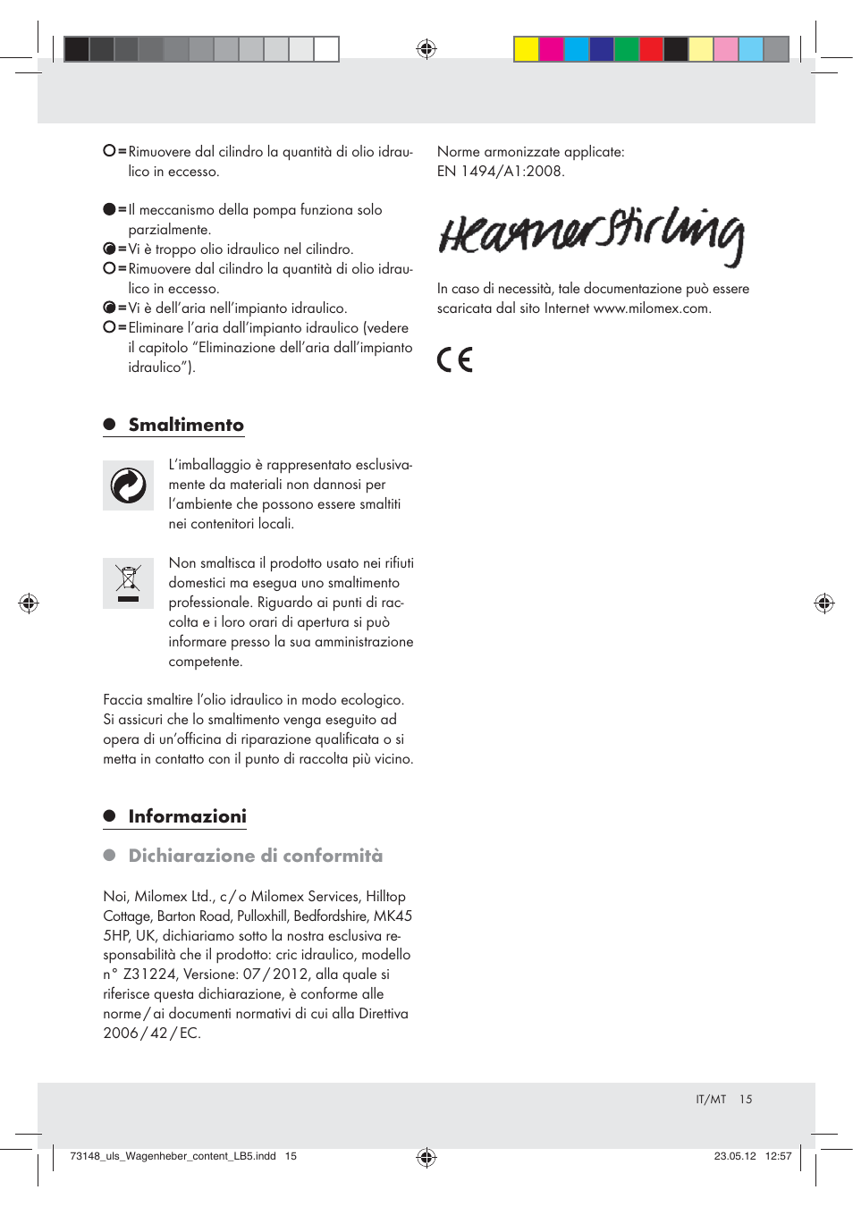 Smaltimento, Informazioni, Dichiarazione di conformità | Ultimate Speed Z31224 User Manual | Page 15 / 34