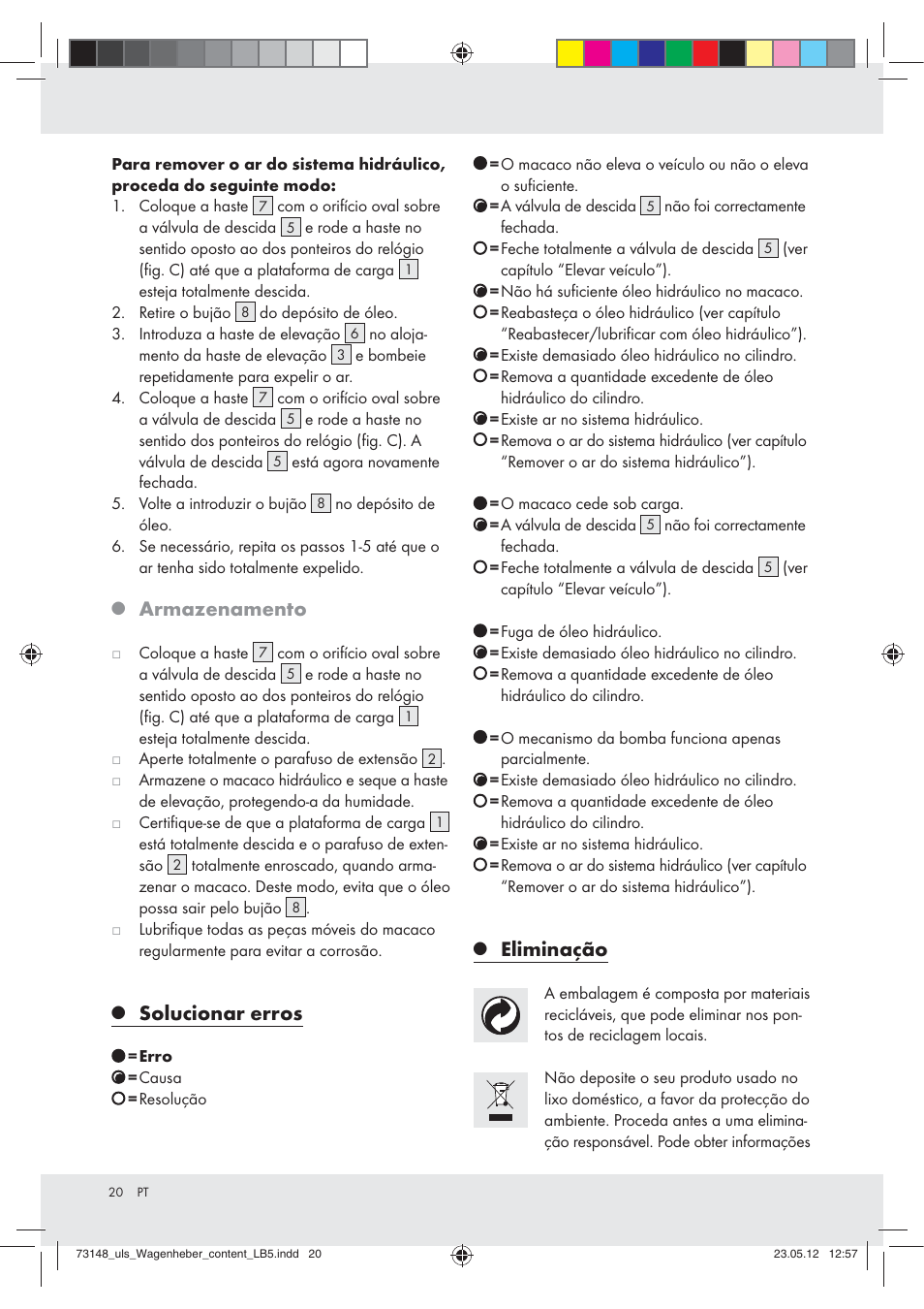 Armazenamento, Solucionar erros, Eliminação | Ultimate Speed Z31224 User Manual | Page 20 / 34