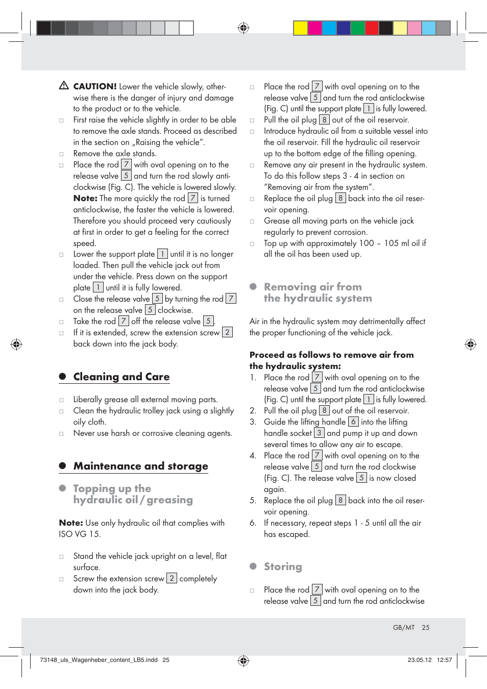 Cleaning and care, Maintenance and storage, Topping up the hydraulic oil / greasing | Removing air from the hydraulic system, Storing | Ultimate Speed Z31224 User Manual | Page 25 / 34