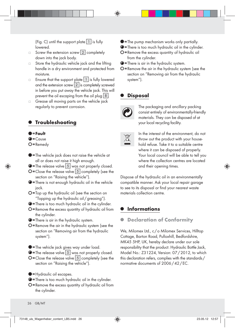 Troubleshooting, Disposal, Informations | Declaration of conformity | Ultimate Speed Z31224 User Manual | Page 26 / 34