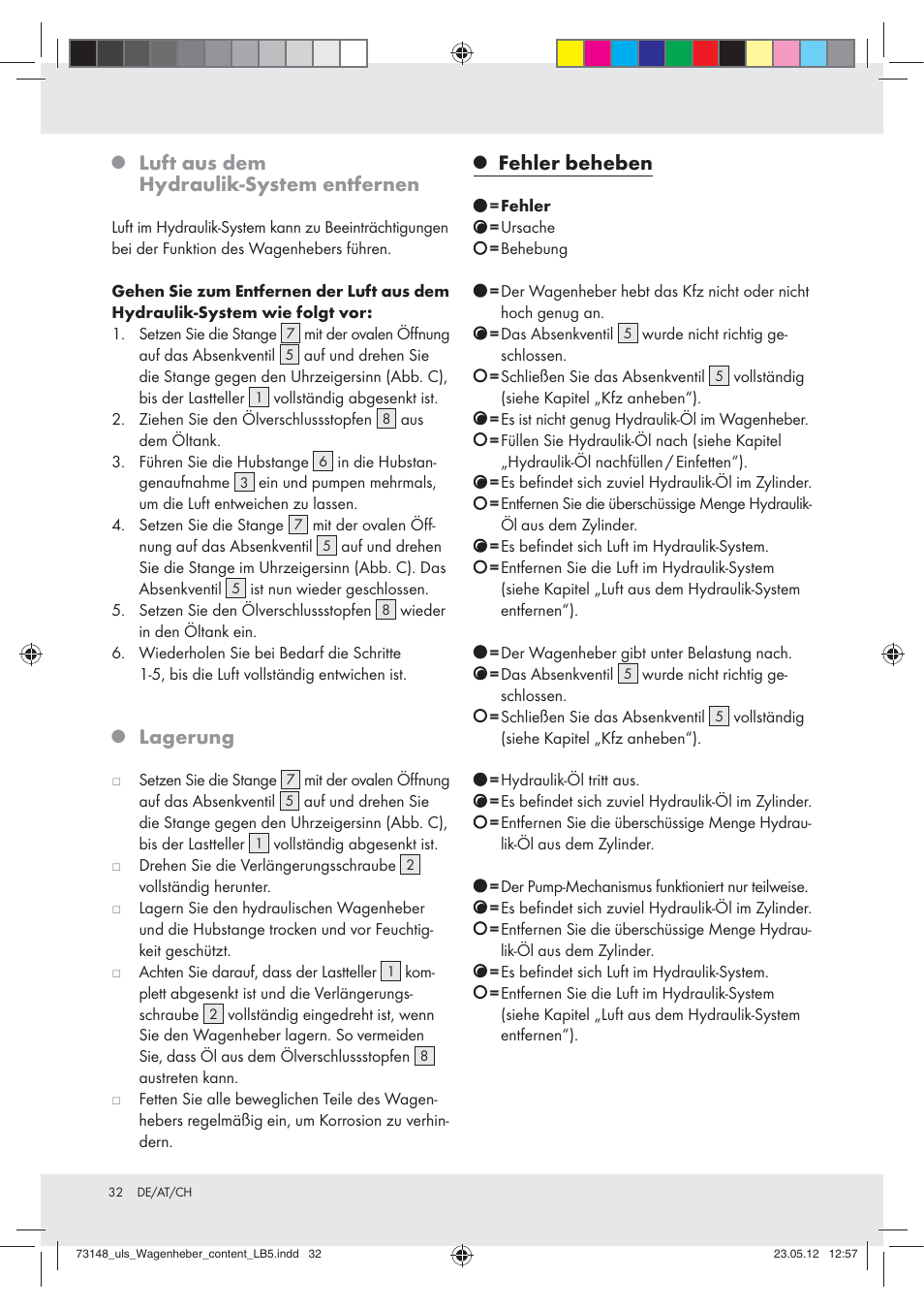 Luft aus dem hydraulik-system entfernen, Lagerung, Fehler beheben | Ultimate Speed Z31224 User Manual | Page 32 / 34