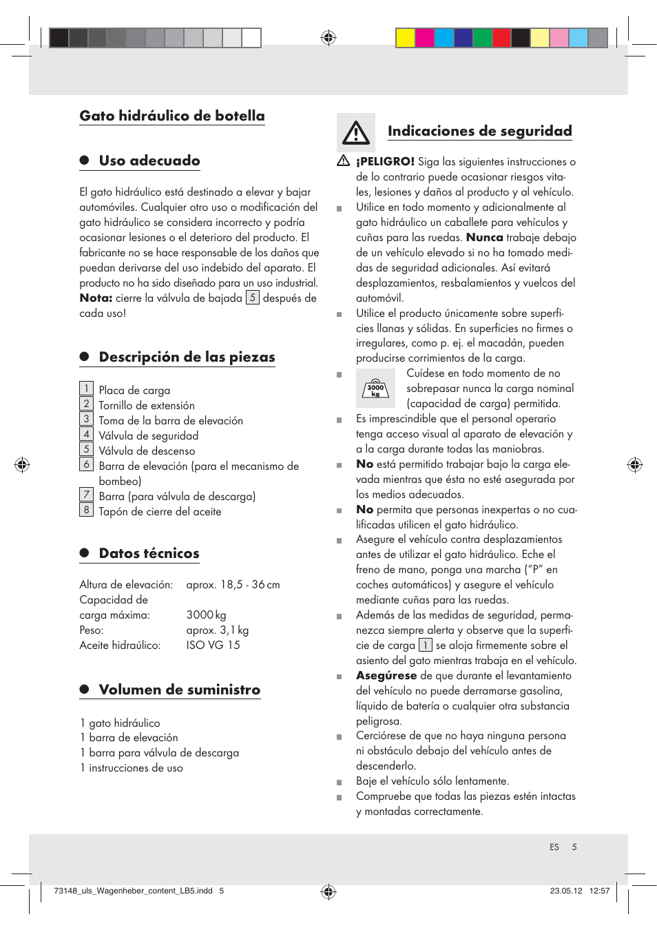 Gato hidráulico de botella, Uso adecuado, Descripción de las piezas | Datos técnicos, Volumen de suministro, Indicaciones de seguridad | Ultimate Speed Z31224 User Manual | Page 5 / 34