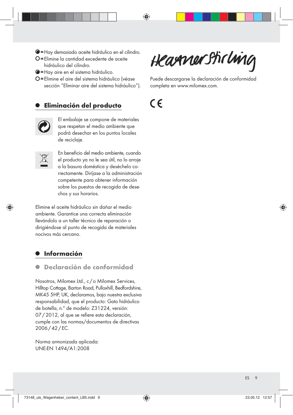 Eliminación del producto, Información, Declaración de conformidad | Ultimate Speed Z31224 User Manual | Page 9 / 34