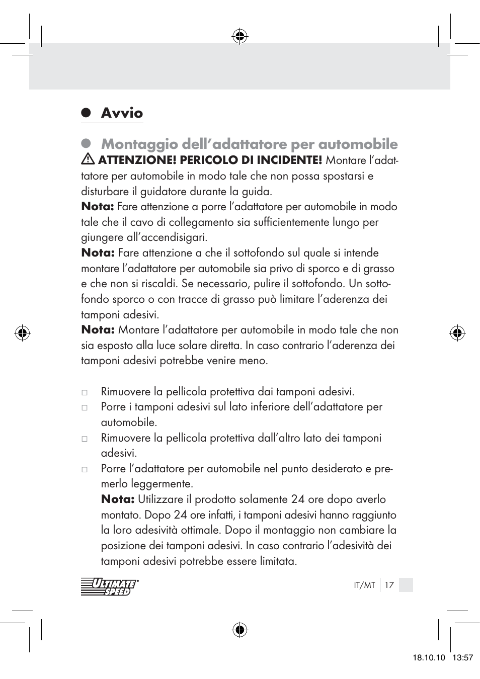 Avvio, Montaggio dell’adattatore per automobile | Ultimate Speed 12V CAR ADAPTOR User Manual | Page 15 / 42