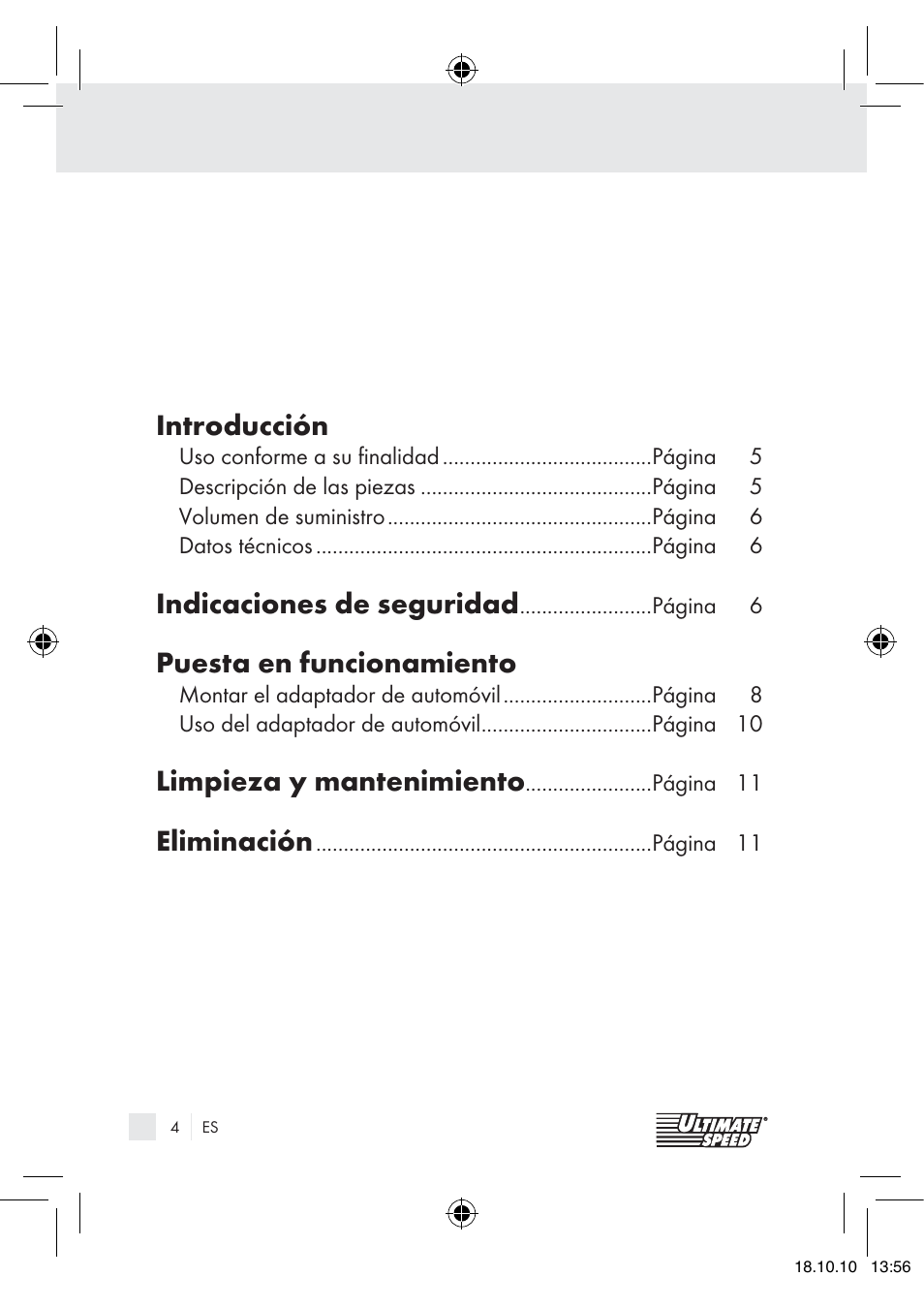 Introducción, Indicaciones de seguridad, Puesta en funcionamiento | Limpieza y mantenimiento, Eliminación | Ultimate Speed 12V CAR ADAPTOR User Manual | Page 2 / 42