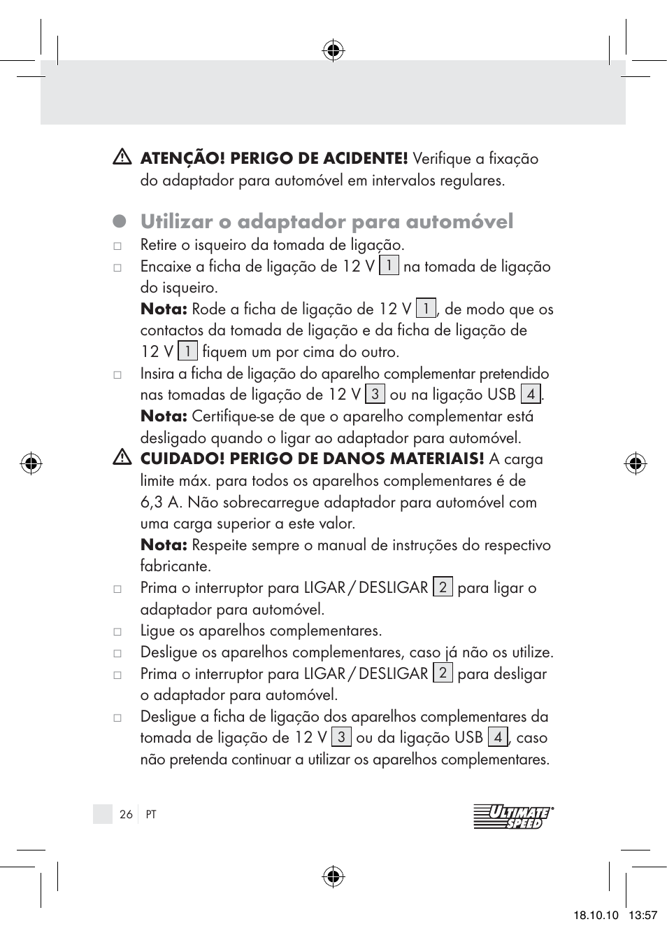 Utilizar o adaptador para automóvel | Ultimate Speed 12V CAR ADAPTOR User Manual | Page 24 / 42