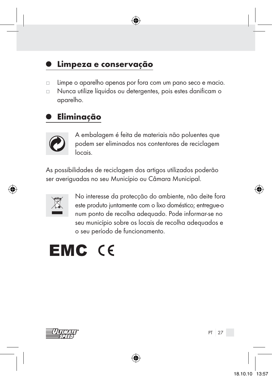 Limpeza e conservação, Eliminação | Ultimate Speed 12V CAR ADAPTOR User Manual | Page 25 / 42