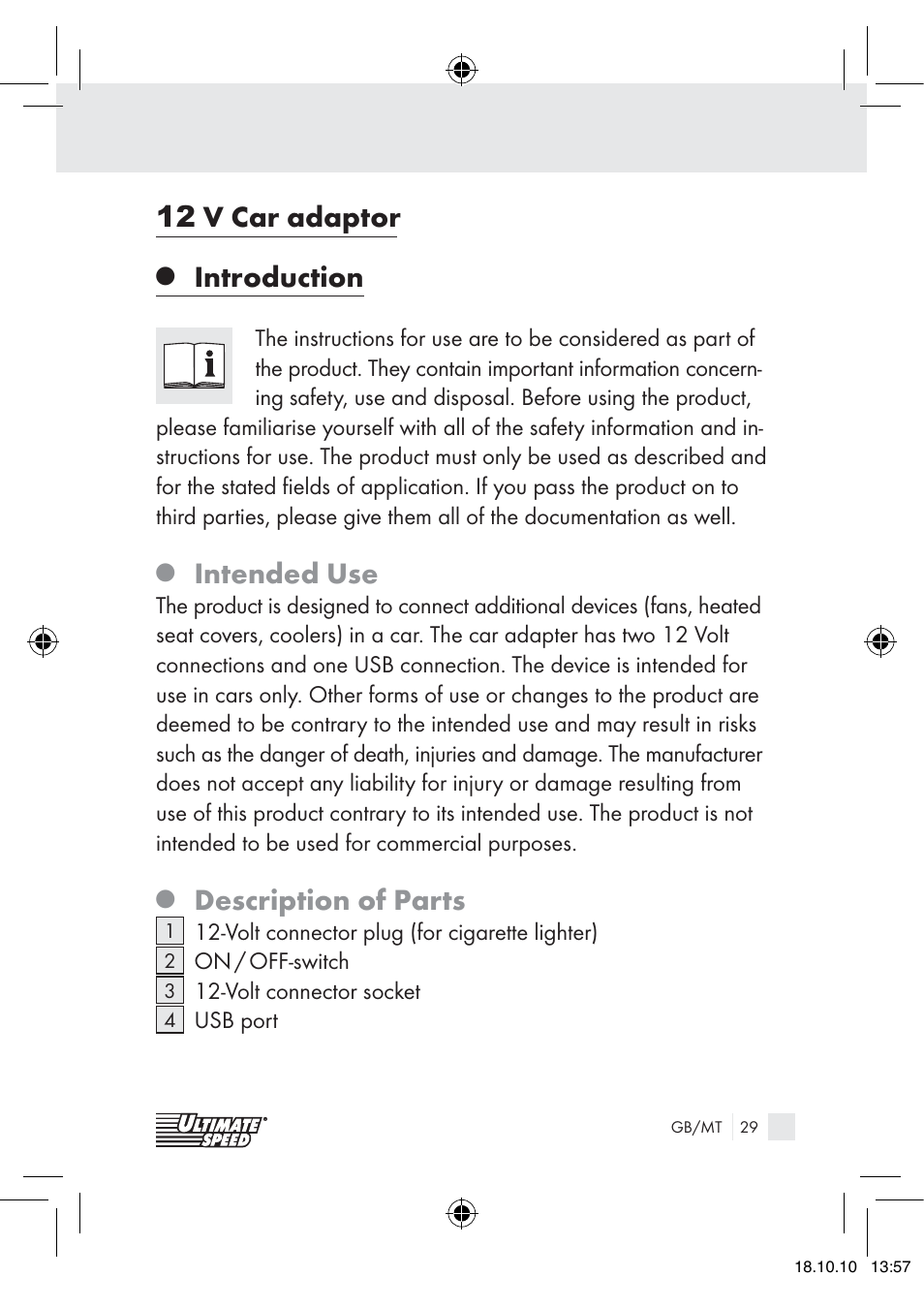 12 v car adaptor, Introduction, Intended use | Description of parts | Ultimate Speed 12V CAR ADAPTOR User Manual | Page 27 / 42