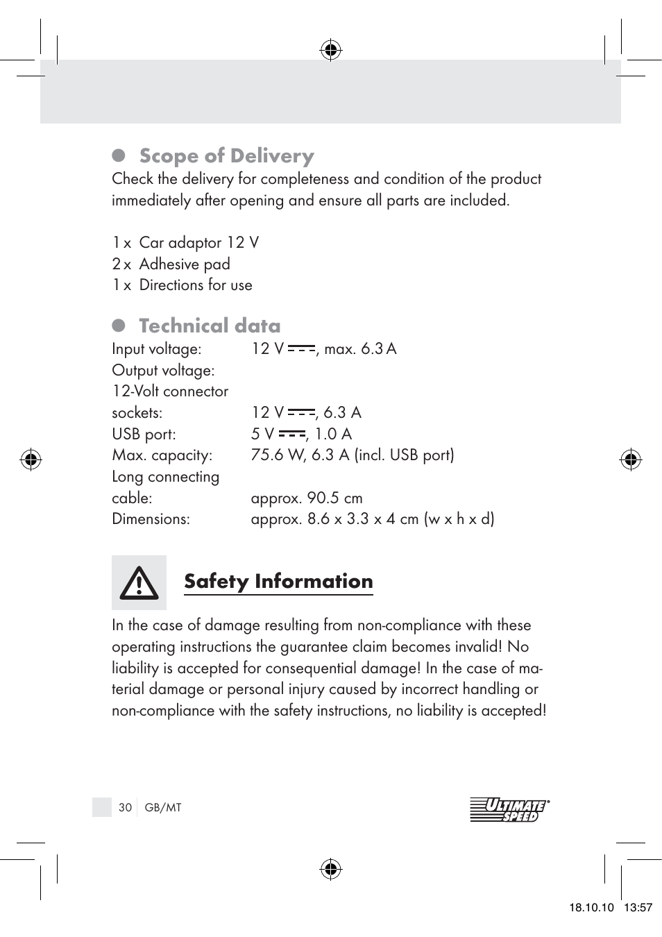 Scope of delivery, Technical data, Safety information | Ultimate Speed 12V CAR ADAPTOR User Manual | Page 28 / 42