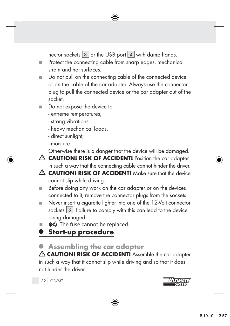 Start-up procedure, Assembling the car adapter | Ultimate Speed 12V CAR ADAPTOR User Manual | Page 30 / 42