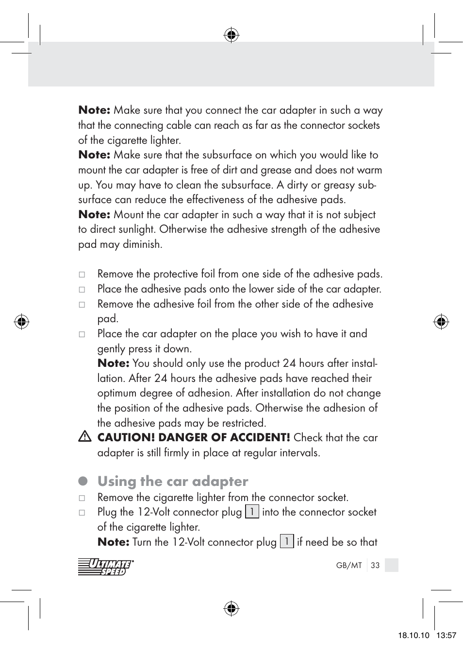 Using the car adapter | Ultimate Speed 12V CAR ADAPTOR User Manual | Page 31 / 42