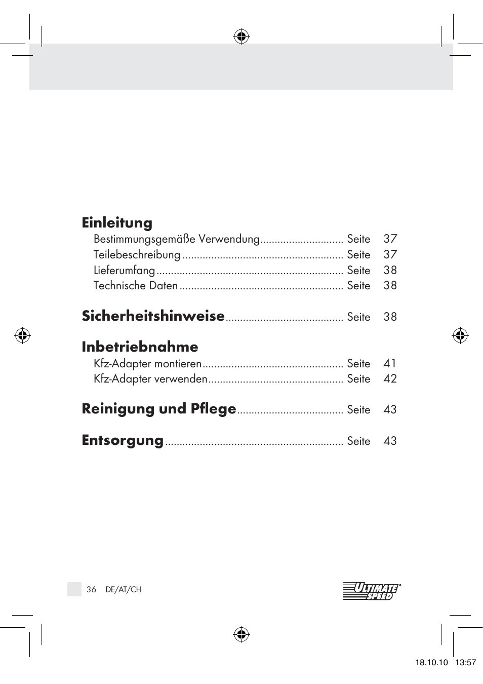 Einleitung, Sicherheitshinweise, Inbetriebnahme | Reinigung und pﬂege, Entsorgung | Ultimate Speed 12V CAR ADAPTOR User Manual | Page 34 / 42