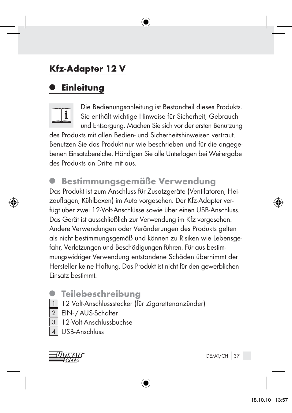 Kfz-adapter 12 v, Einleitung, Bestimmungsgemäße verwendung | Teilebeschreibung | Ultimate Speed 12V CAR ADAPTOR User Manual | Page 35 / 42