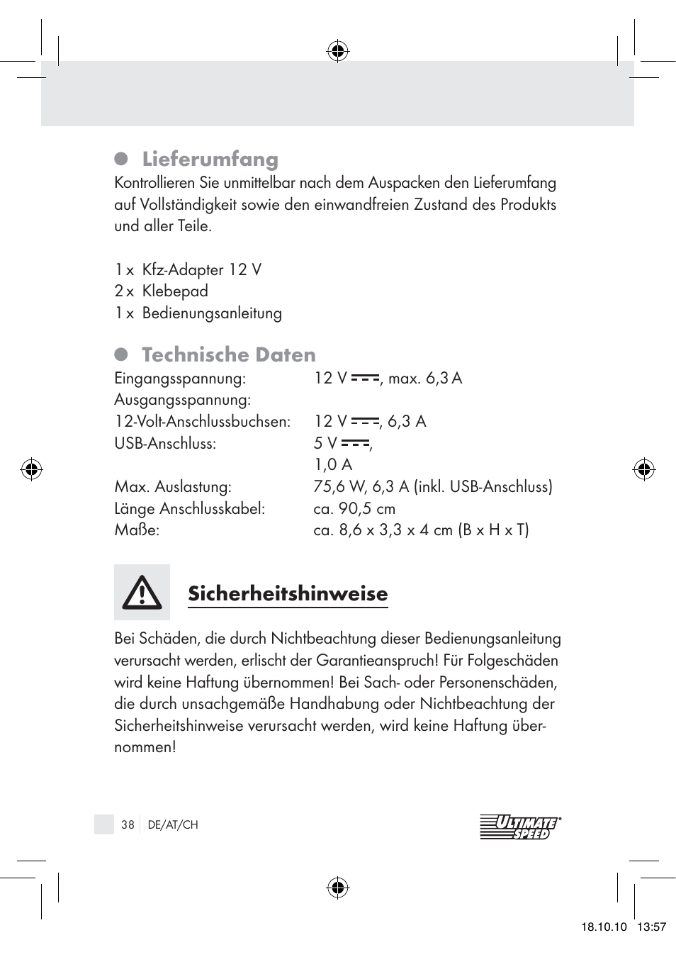 Lieferumfang, Technische daten, Sicherheitshinweise | Ultimate Speed 12V CAR ADAPTOR User Manual | Page 36 / 42