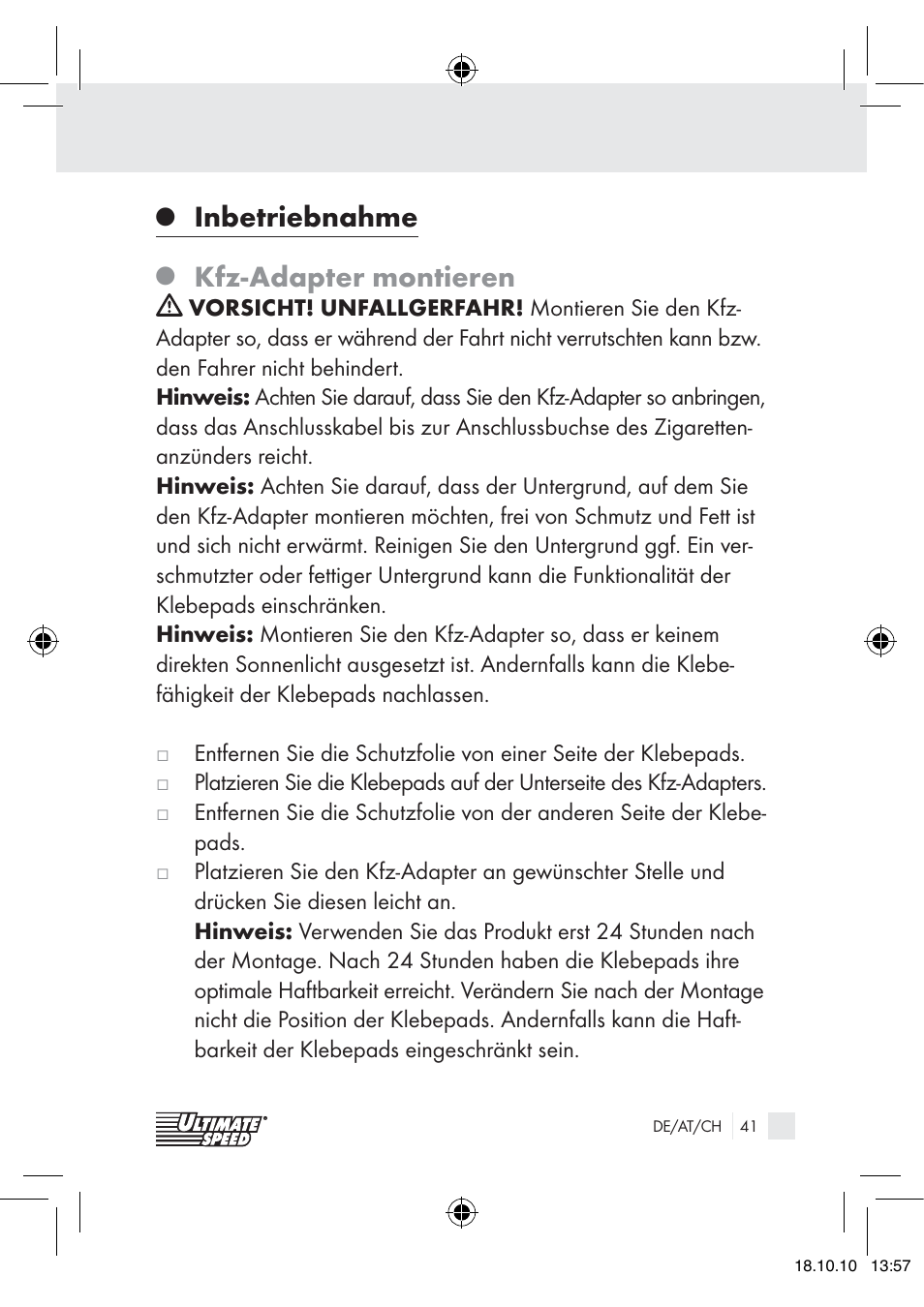 Inbetriebnahme, Kfz-adapter montieren | Ultimate Speed 12V CAR ADAPTOR User Manual | Page 39 / 42