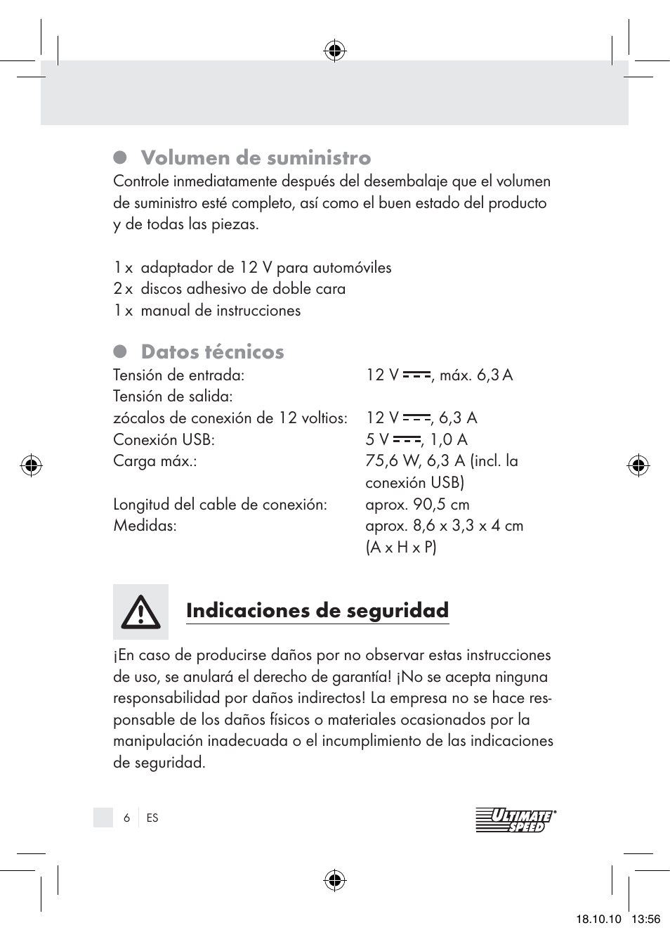 Volumen de suministro, Datos técnicos, Indicaciones de seguridad | Ultimate Speed 12V CAR ADAPTOR User Manual | Page 4 / 42