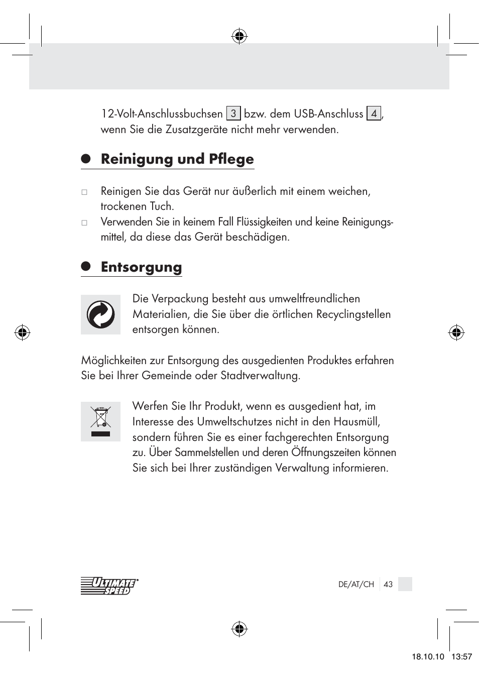 Reinigung und pﬂege, Entsorgung | Ultimate Speed 12V CAR ADAPTOR User Manual | Page 41 / 42