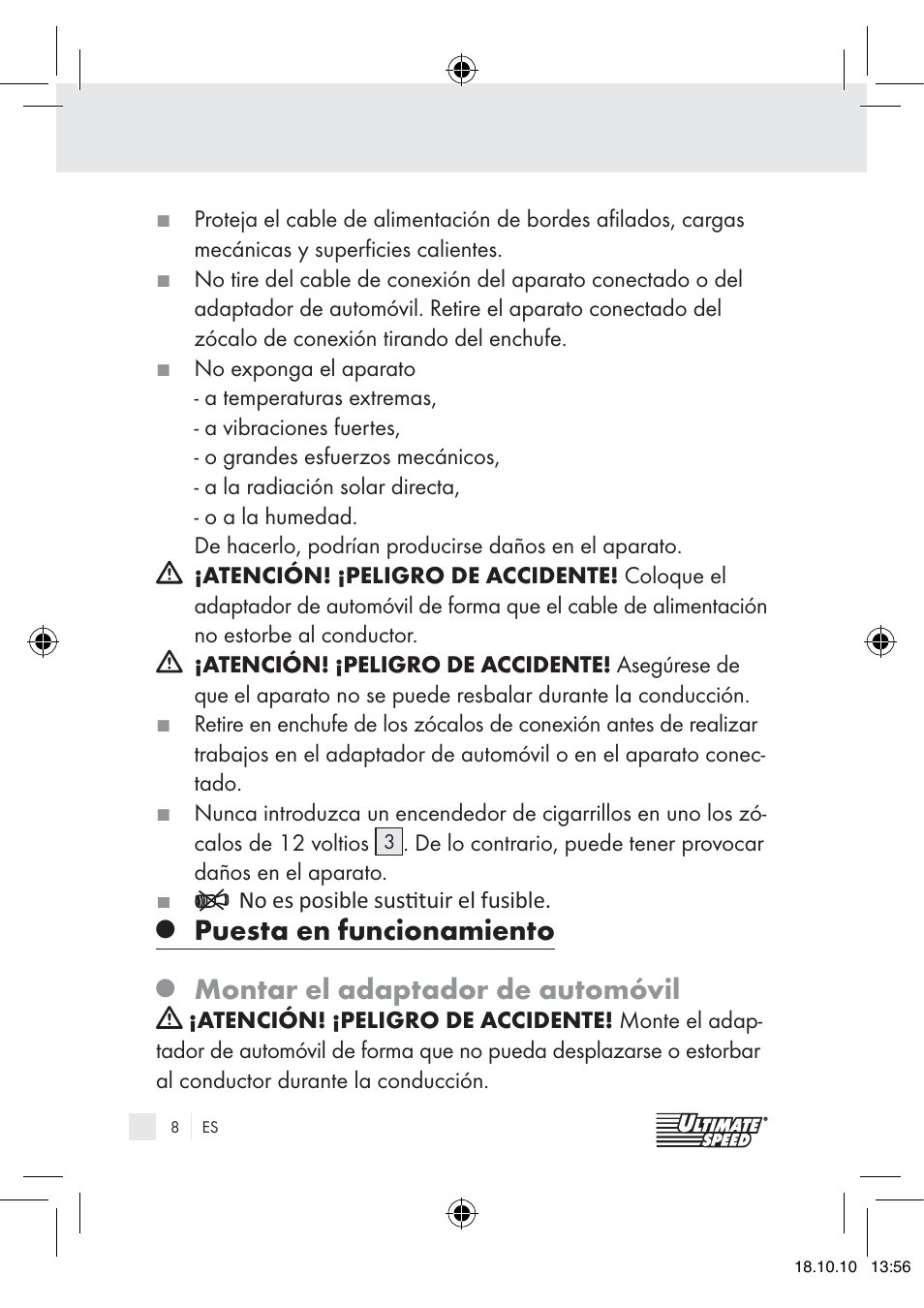 Puesta en funcionamiento, Montar el adaptador de automóvil | Ultimate Speed 12V CAR ADAPTOR User Manual | Page 6 / 42