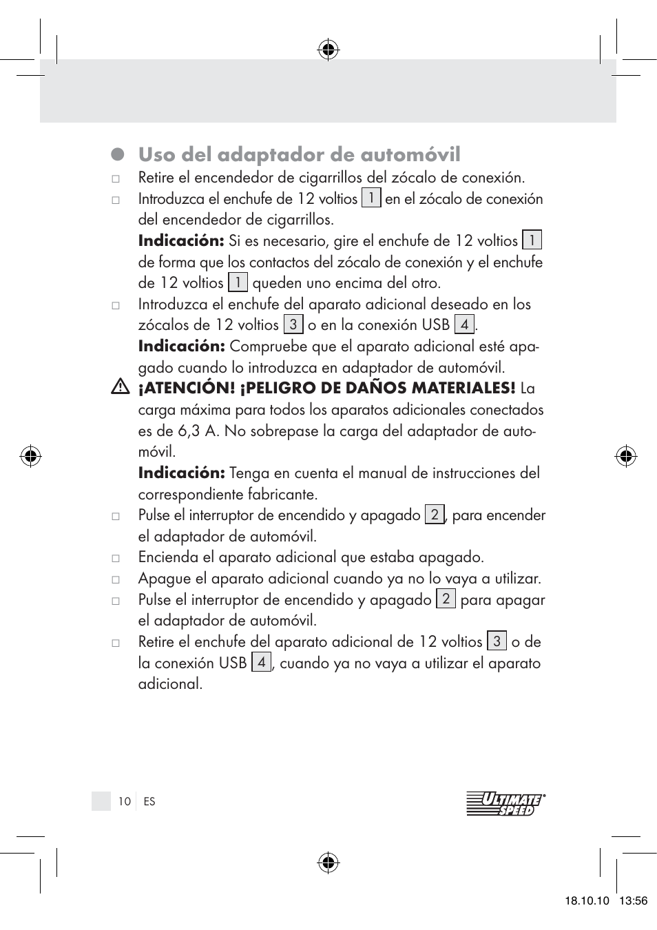 Uso del adaptador de automóvil | Ultimate Speed 12V CAR ADAPTOR User Manual | Page 8 / 42