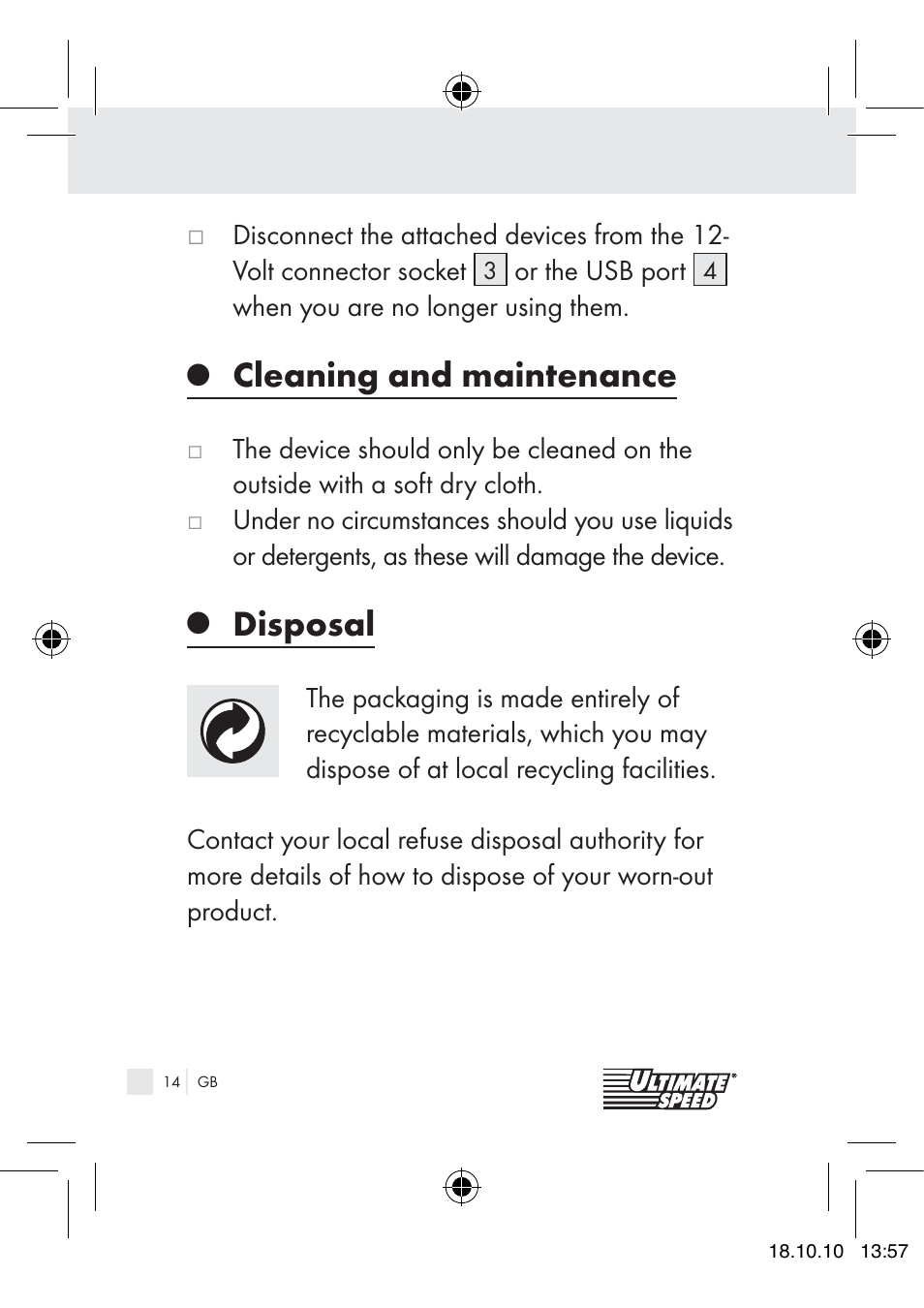 Cleaning and maintenance, Disposal | Ultimate Speed 12V CAR ADAPTOR User Manual | Page 12 / 89