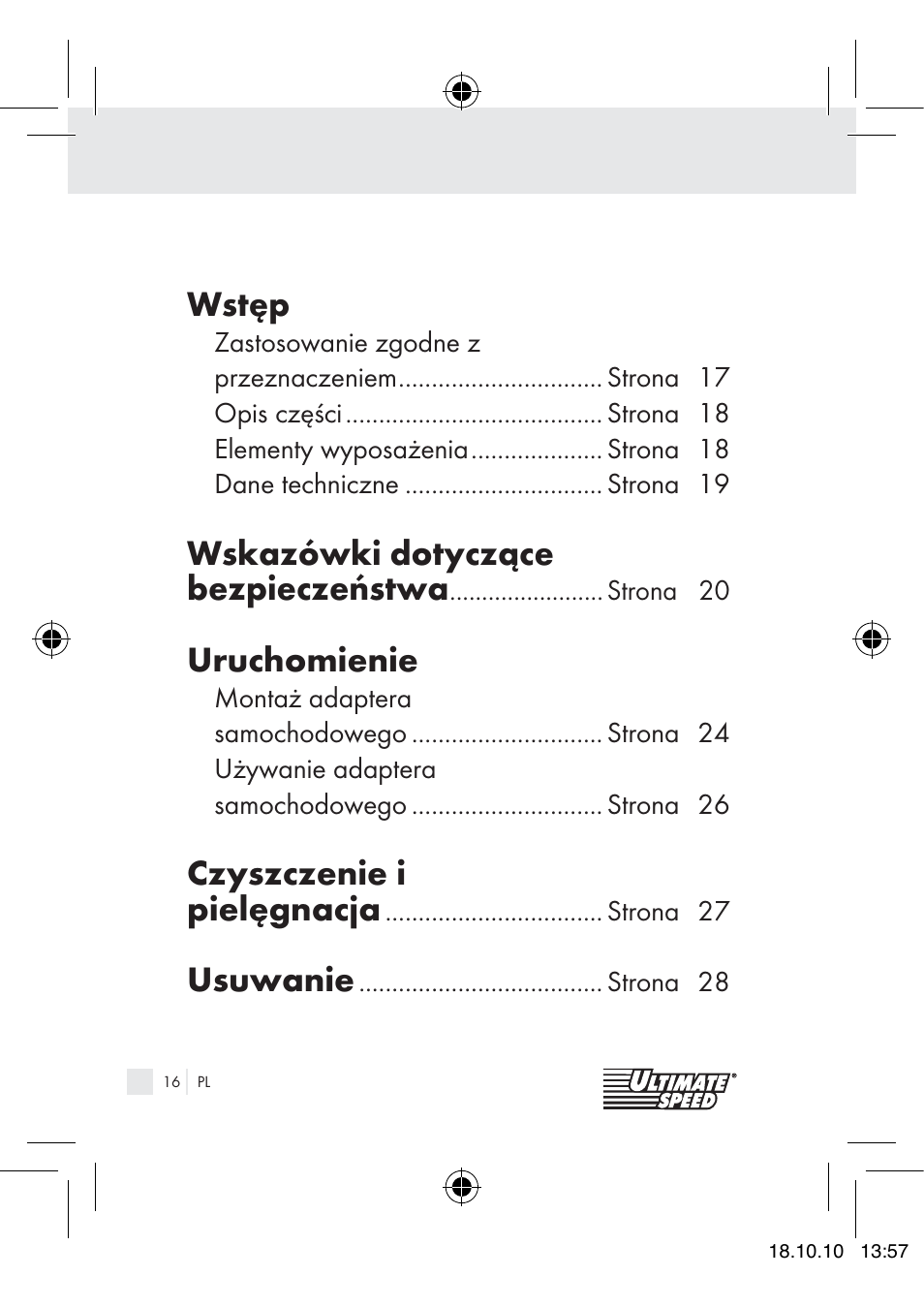 Wstęp, Wskazówki dotyczące bezpieczeństwa, Uruchomienie | Czyszczenie i pielęgnacja, Usuwanie | Ultimate Speed 12V CAR ADAPTOR User Manual | Page 14 / 89