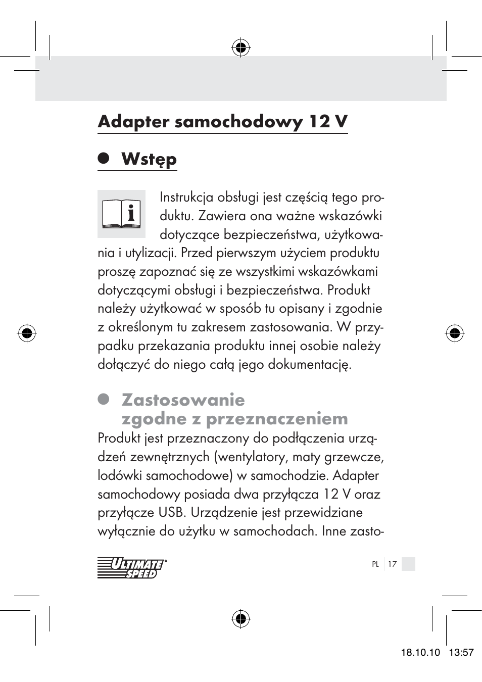 Adapter samochodowy 12 v, Wstęp, Zastosowanie zgodne z przeznaczeniem | Ultimate Speed 12V CAR ADAPTOR User Manual | Page 15 / 89