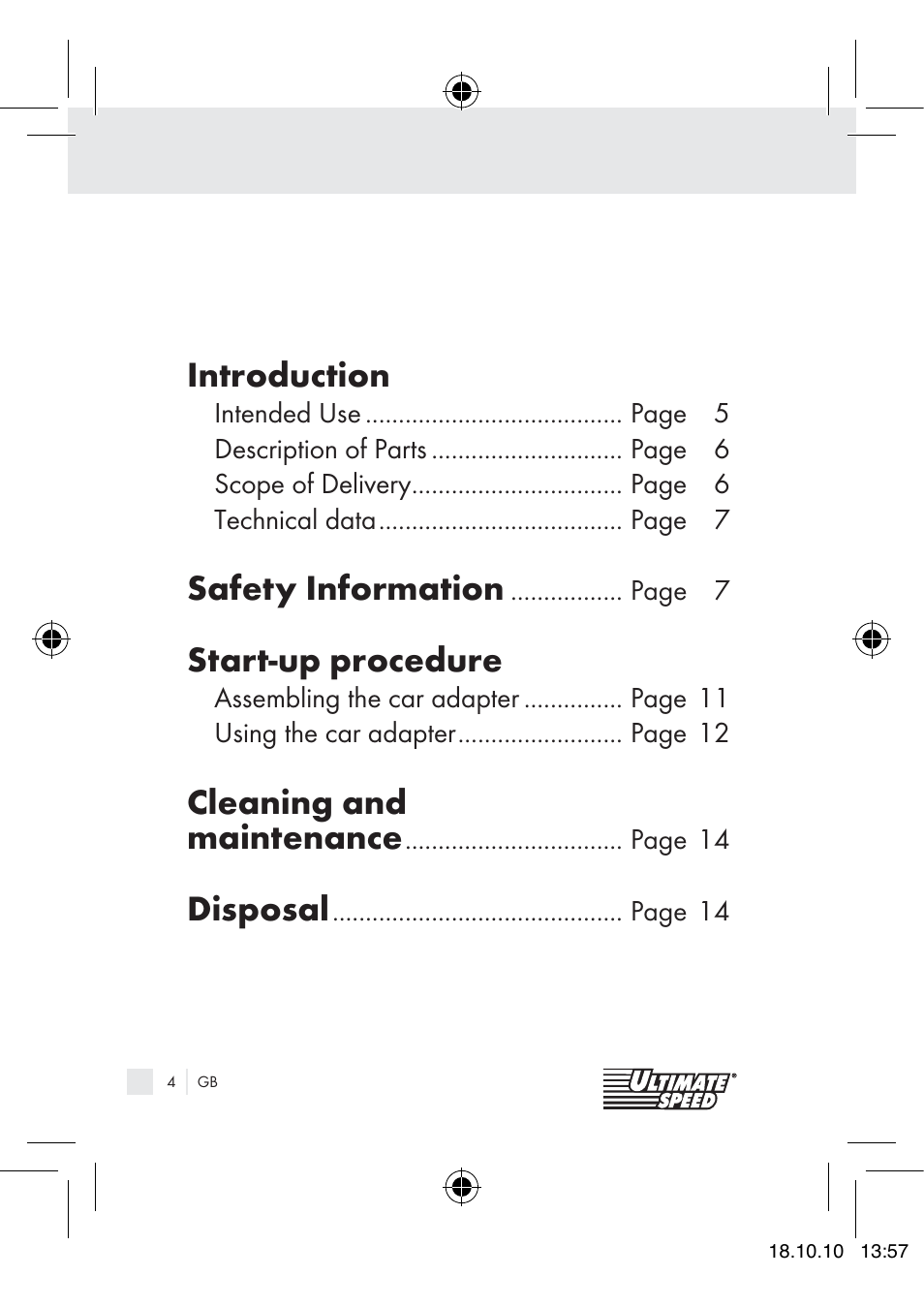 Introduction, Safety information, Start-up procedure | Cleaning and maintenance, Disposal | Ultimate Speed 12V CAR ADAPTOR User Manual | Page 2 / 89