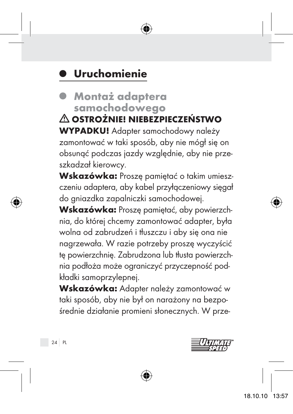 Uruchomienie, Montaż adaptera samochodowego | Ultimate Speed 12V CAR ADAPTOR User Manual | Page 22 / 89