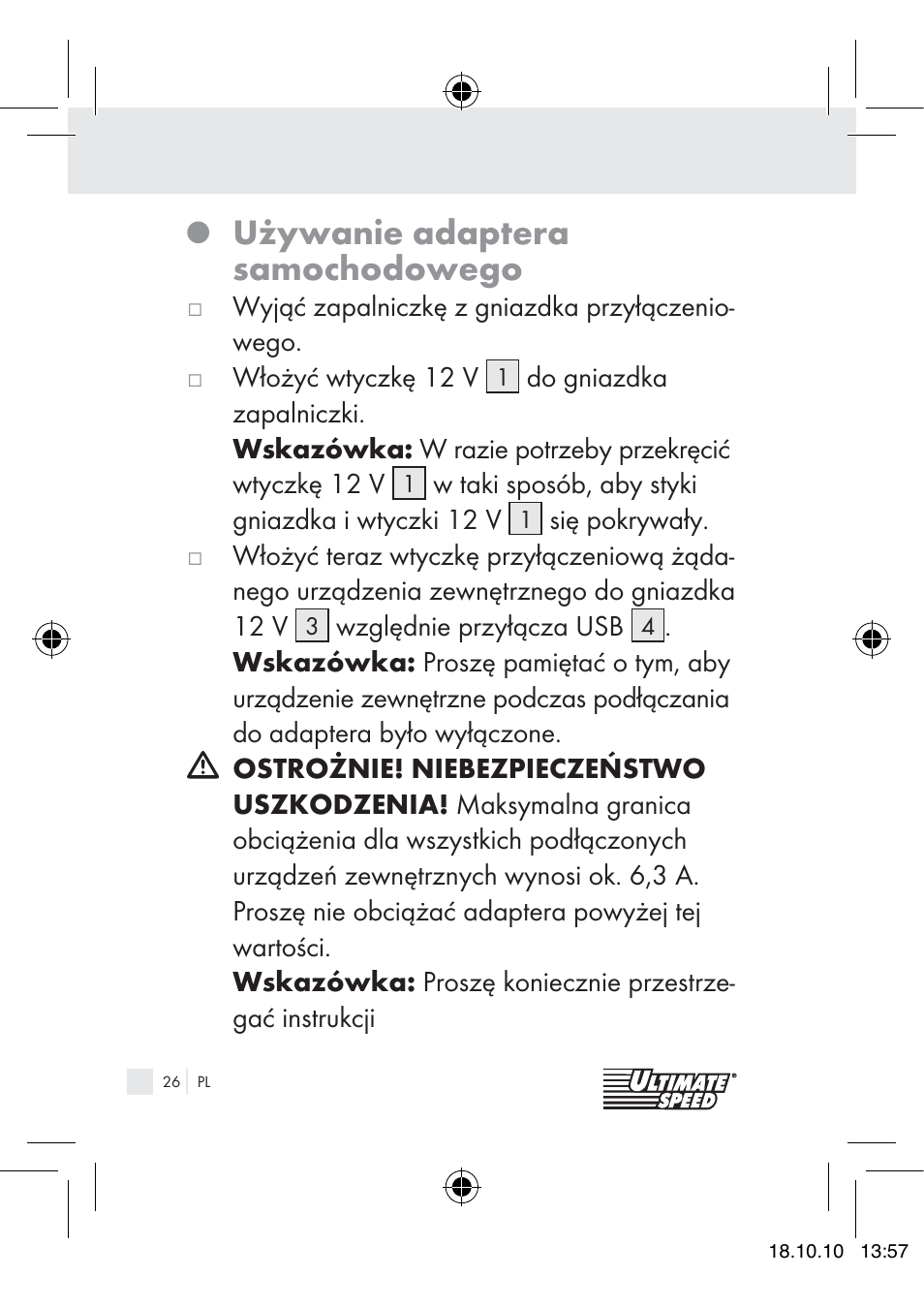 Używanie adaptera samochodowego | Ultimate Speed 12V CAR ADAPTOR User Manual | Page 24 / 89