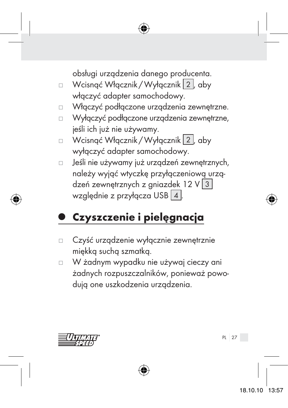 Czyszczenie i pielęgnacja | Ultimate Speed 12V CAR ADAPTOR User Manual | Page 25 / 89