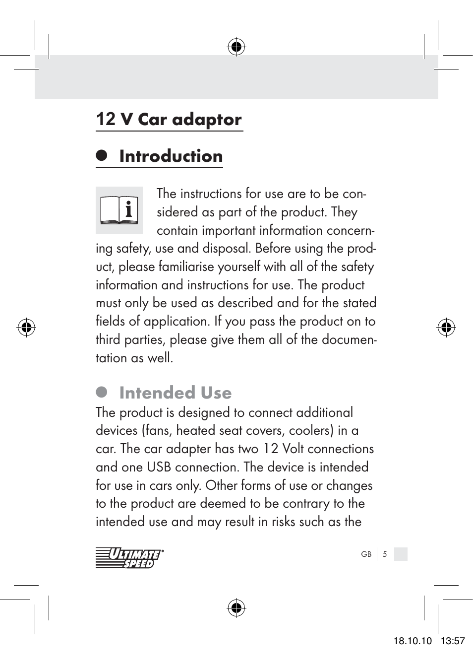 5/5car adaptor, Introduction, Intended use | Ultimate Speed 12V CAR ADAPTOR User Manual | Page 3 / 89