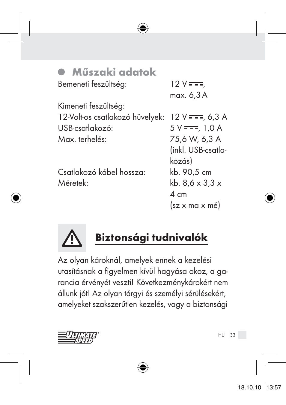 Műszaki adatok, Biztonsági tudnivalók | Ultimate Speed 12V CAR ADAPTOR User Manual | Page 31 / 89