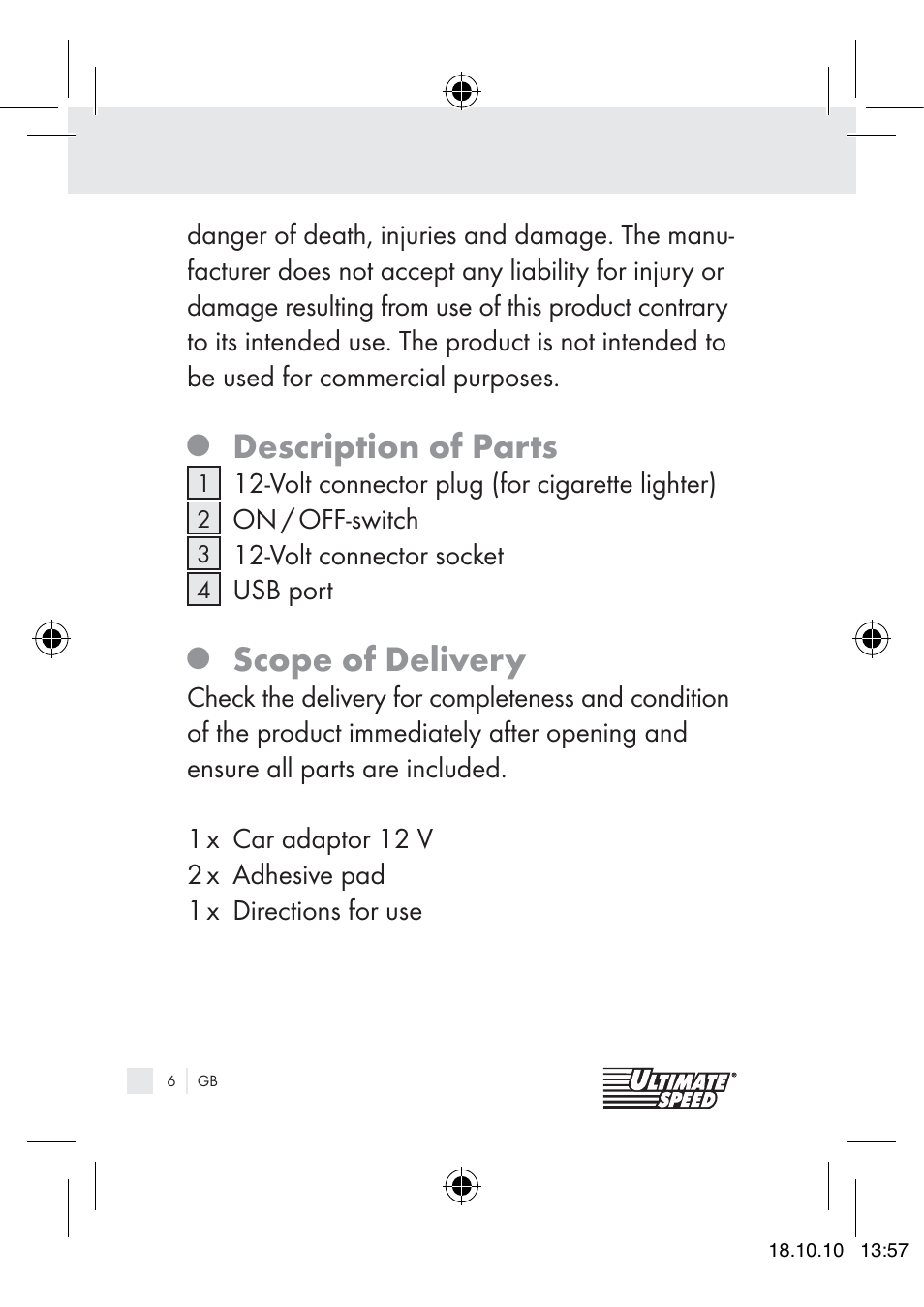 Description of parts, Scope of delivery | Ultimate Speed 12V CAR ADAPTOR User Manual | Page 4 / 89
