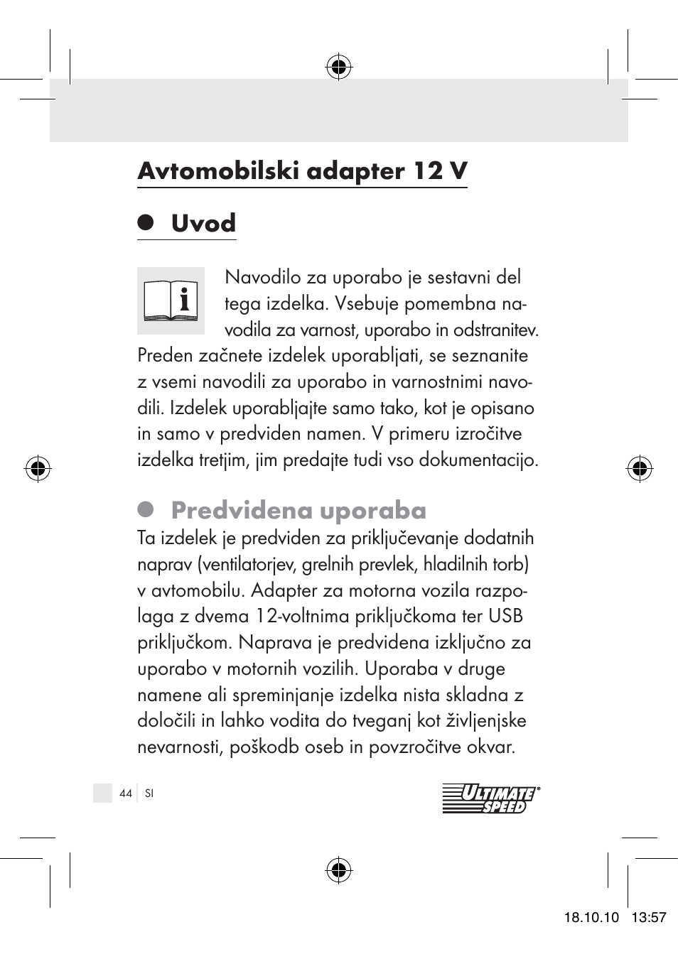 Avtomobilski adapter 12 v, Uvod, Predvidena uporaba | Ultimate Speed 12V CAR ADAPTOR User Manual | Page 42 / 89