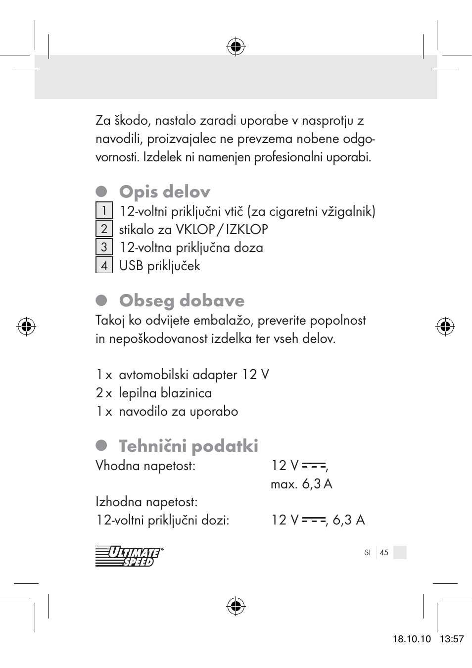 Opis delov, Obseg dobave, Tehnični podatki | Ultimate Speed 12V CAR ADAPTOR User Manual | Page 43 / 89