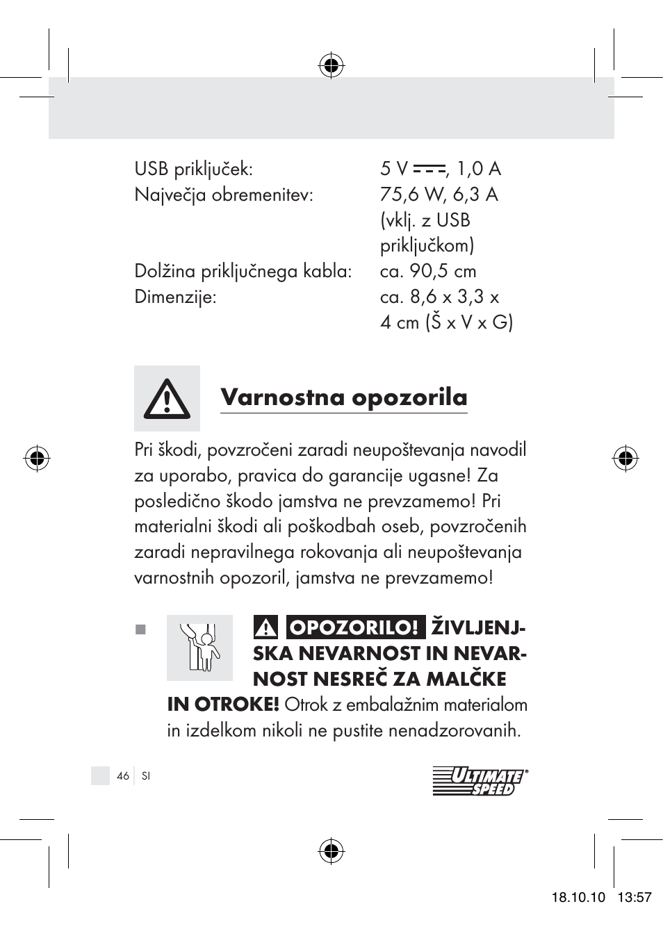 Varnostna opozorila | Ultimate Speed 12V CAR ADAPTOR User Manual | Page 44 / 89