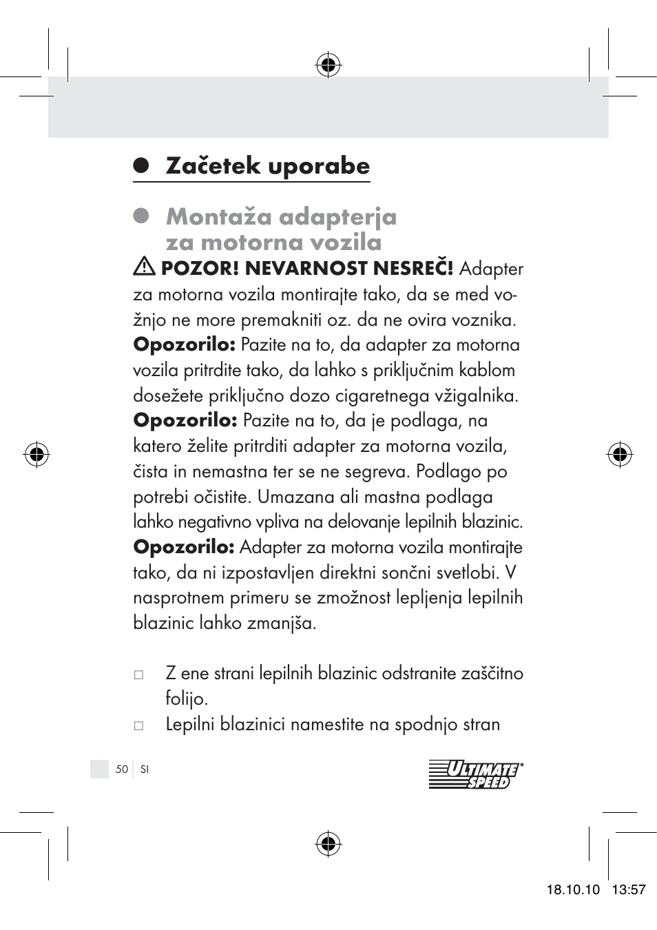 Začetek uporabe, Montaža adapterja za motorna vozila | Ultimate Speed 12V CAR ADAPTOR User Manual | Page 48 / 89