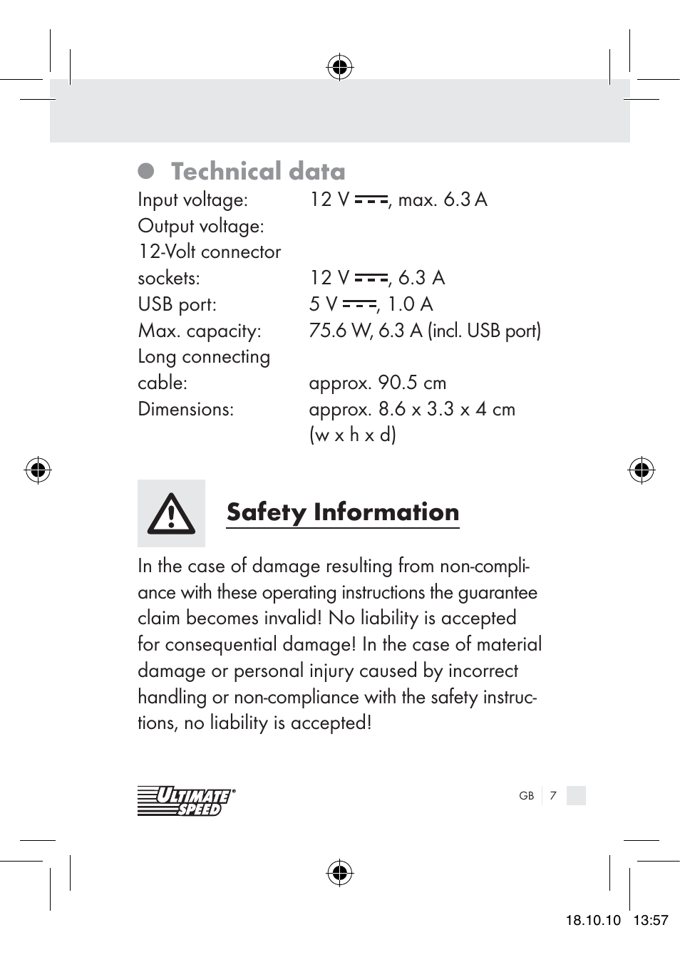Technical data, Safety information | Ultimate Speed 12V CAR ADAPTOR User Manual | Page 5 / 89