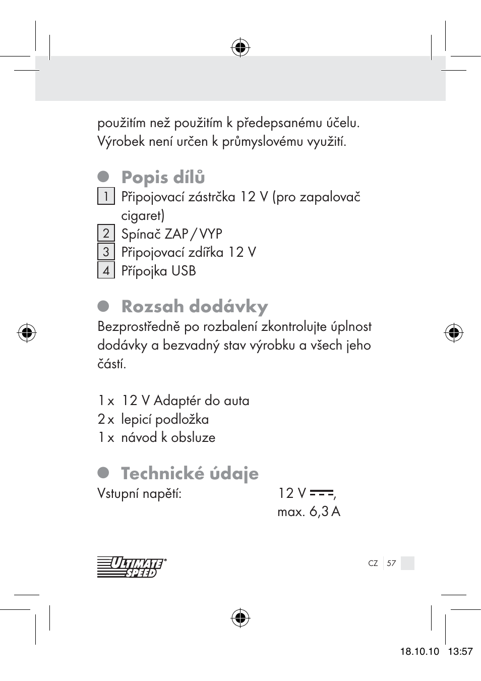 Popis dílů, Rozsah dodávky, Technické údaje | Ultimate Speed 12V CAR ADAPTOR User Manual | Page 55 / 89