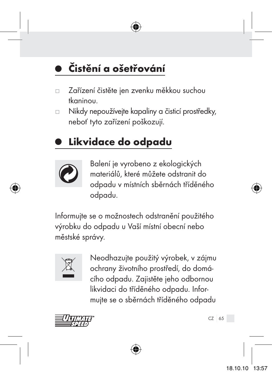 Čistění a ošetřování, Likvidace do odpadu | Ultimate Speed 12V CAR ADAPTOR User Manual | Page 63 / 89