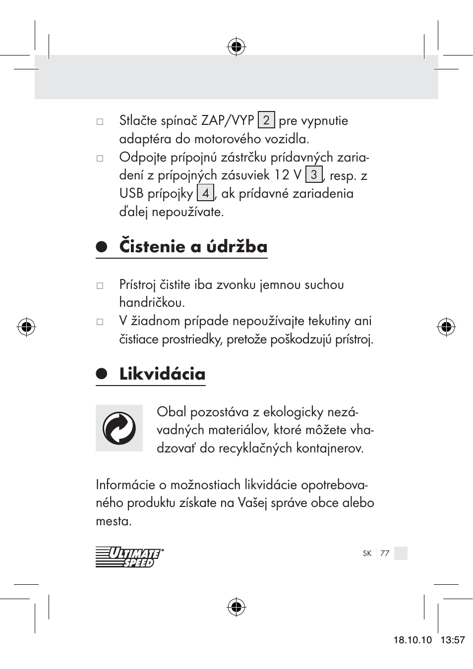 Čistenie a údržba, Likvidácia | Ultimate Speed 12V CAR ADAPTOR User Manual | Page 75 / 89