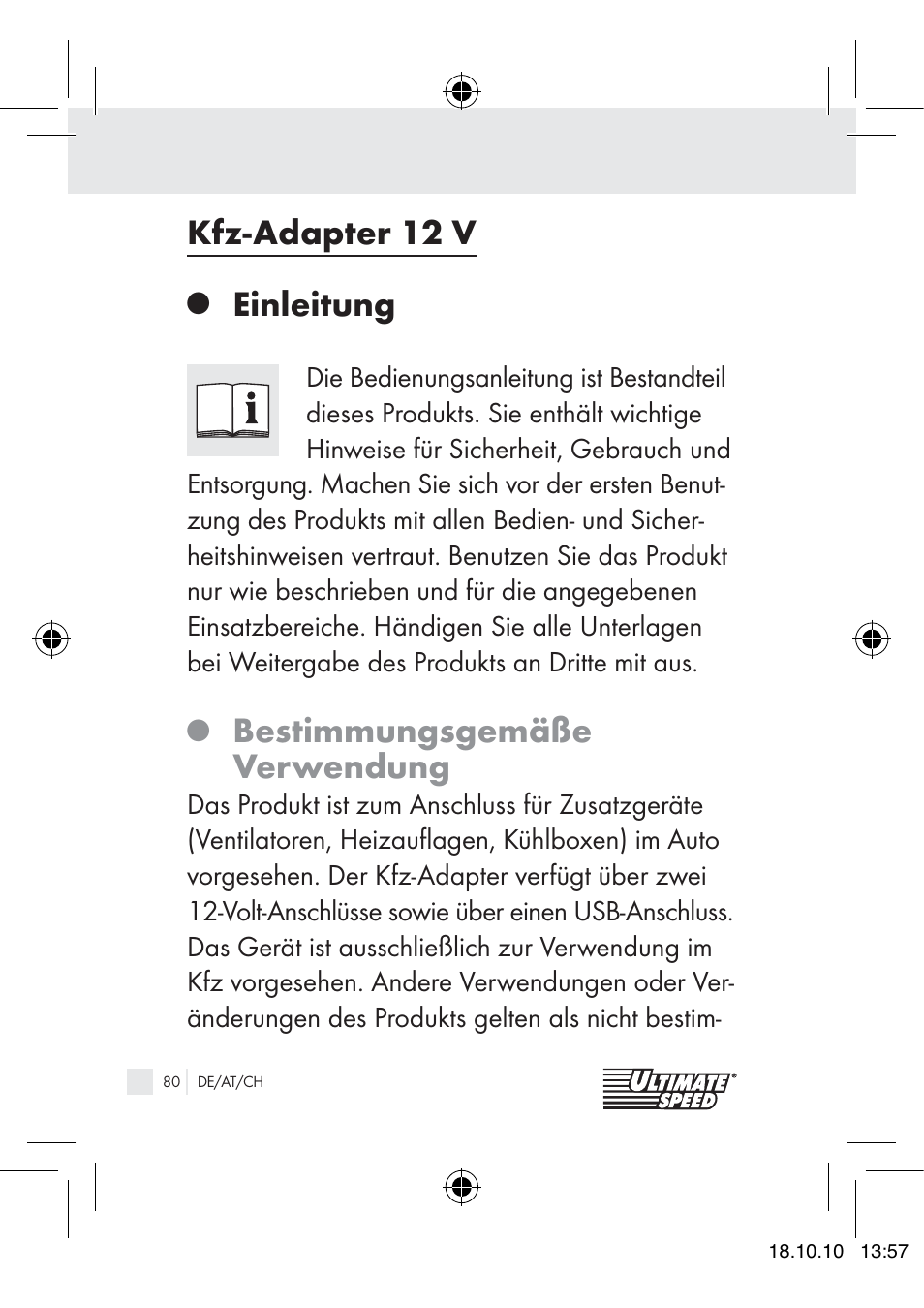 Kfz-adapter 12 v, Einleitung, Bestimmungsgemäße verwendung | Ultimate Speed 12V CAR ADAPTOR User Manual | Page 78 / 89